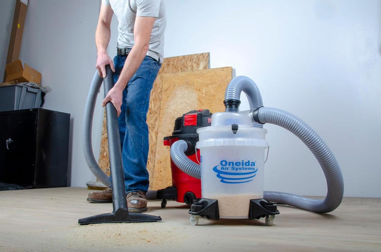 Oneida Dust Deputy Low-Pro Deluxe Lid Dust Separator Kit with Clear 5-Gallon Dust Collection Bucket, 3 ft Hose, 2.5 in Adapter, & Mounted Casters for Shop Wet Dry Vacuums - Made in USA