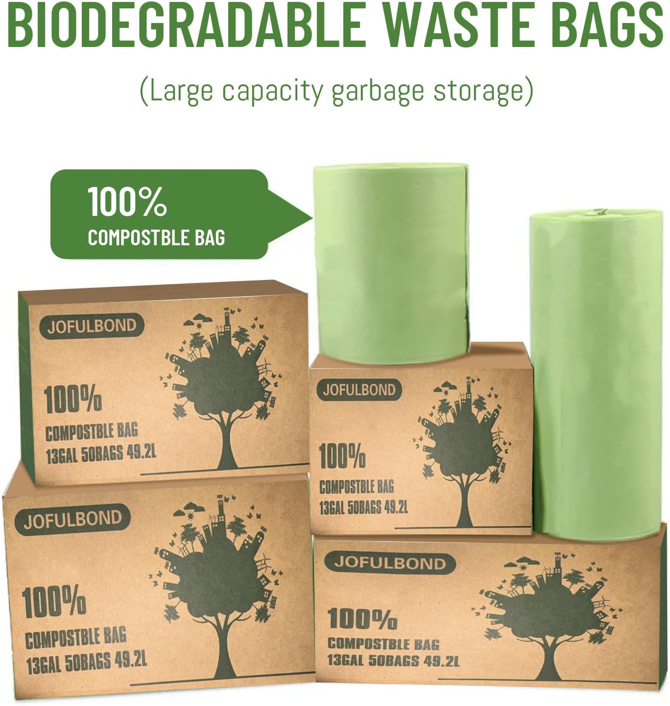 Biodegradable Compost Recycling Trash Bags, Compostable 13 Gallon Plastic Trash Bags For Kitchen, 100 Count, 1.2 Mils,60 Liter, Recyclable Composta Large Heavy Duty Garbage Bag (100)