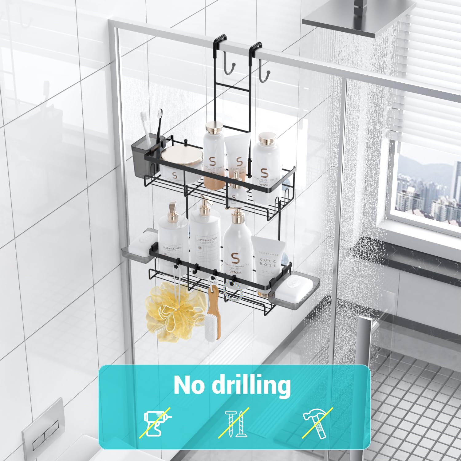 Over the Door Shower Caddy Hanging: No Drill Rustproof Shower Organizer