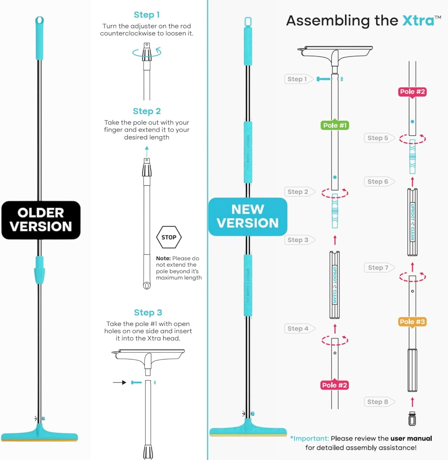 Uproot Cleaner Xtra Pet Hair Removal Tool: Reusable Carpet Rake with Telescopic 60" Handle - As Powerful as Uproot Cleaner Pro Pet Hair Remover, but Made for Carpets, Curtains - Don't Bend Don't Kneel