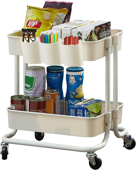 2-Tier Utility Rolling Cart Storage Sofa Side Table with Wheels, Mobile Trolley Organizer with for