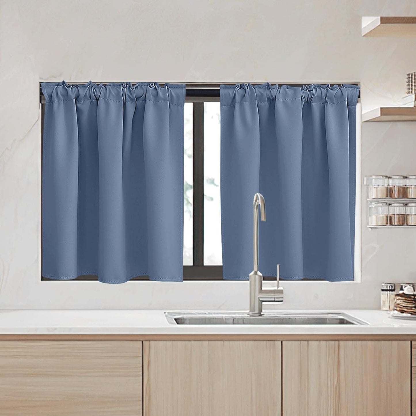 RYB HOME Small Window Curtains - Blackout Insualting Privacy Curtains for Kids Bedroom Kitchen Bathroom Basement Cafe Cabinet Tiers Drapes, 34 Width x 24 Length, 2 Panels, Stone Blue