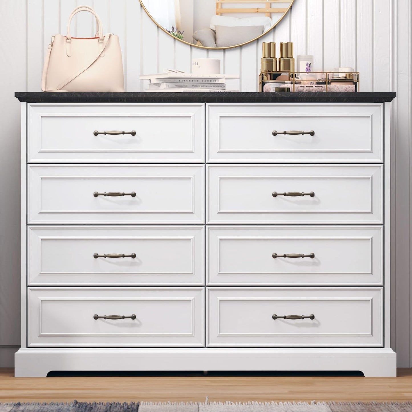 8 Drawer Dresser for Bedroom, 47" Wide Wooden Chest of Drawers, Rustic Farmhouse Dresser with Large Drawers & Metal Handles, Modern Storage Organizer for Closet, Living Room, Hallway, White