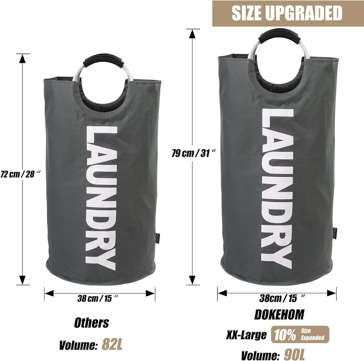 DOKEHOM 90L Large Laundry Basket, Collapsible Laundry Bag, Freestanding Tall Clothes Hamper, Foldable Washing Bin (Dark Grey)