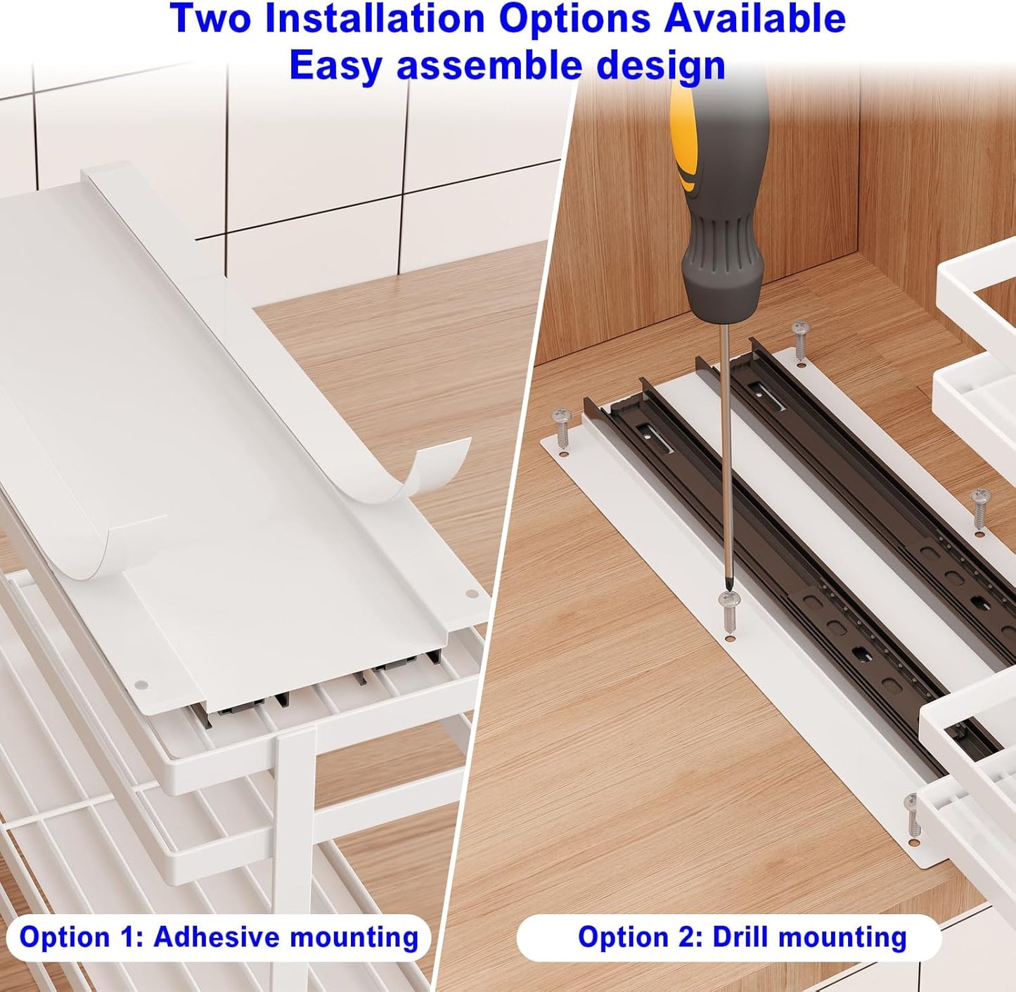 Pull Out Spice Rack Organizer for Cabinet, 2 Tier Metal Slide Out Seasoning Organizer and Storage Heavy Duty Vertical Spice Rack Shelf Pullout for Kitchen Cabinets No Drilling(1 Pack, White)