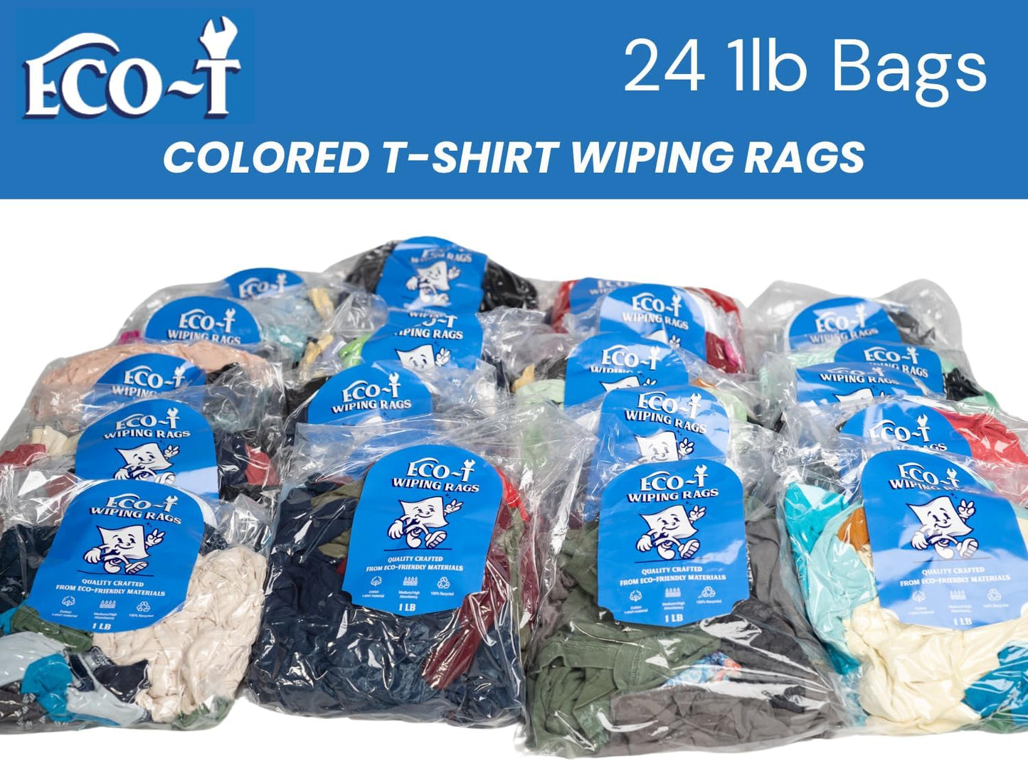 24 x 1 Lb Bags (24 Lbs) Eco-T Mechanic Shop Rags - Colored T-Shirt Material, 100% Recycled, Eco-Friendly, High Absorbency, Low Lint, Low-Cost, Industrial Use Wiping Cloth