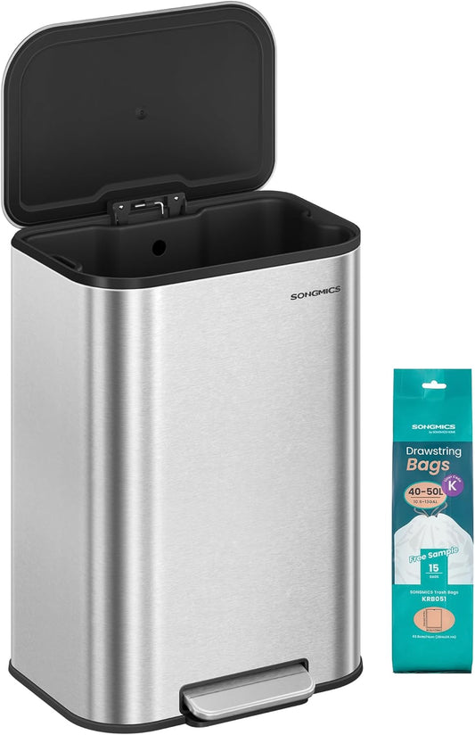 SONGMICS Kitchen Trash Can, 13-Gallon (50 L) Garbage Can with Lid, Stainless Steel, Soft Close and Stays Open, Inner Bucket, Wide Non-Slip Pedal, Metallic Silver ULTB547E01