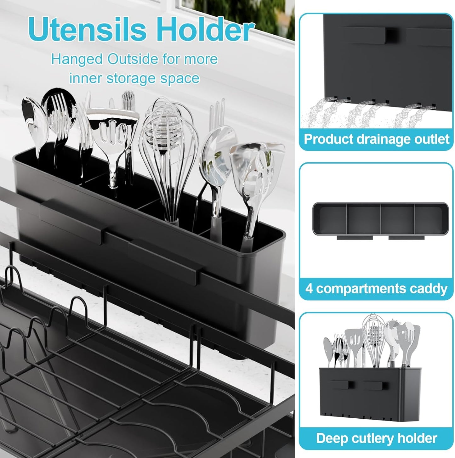 Dish Drying Rack for Kitchen Counter - Large Dish Rack with Drainboard, Rustproof Dish Drainer with Drainage Spout & Utensil Holder for Sink, Black