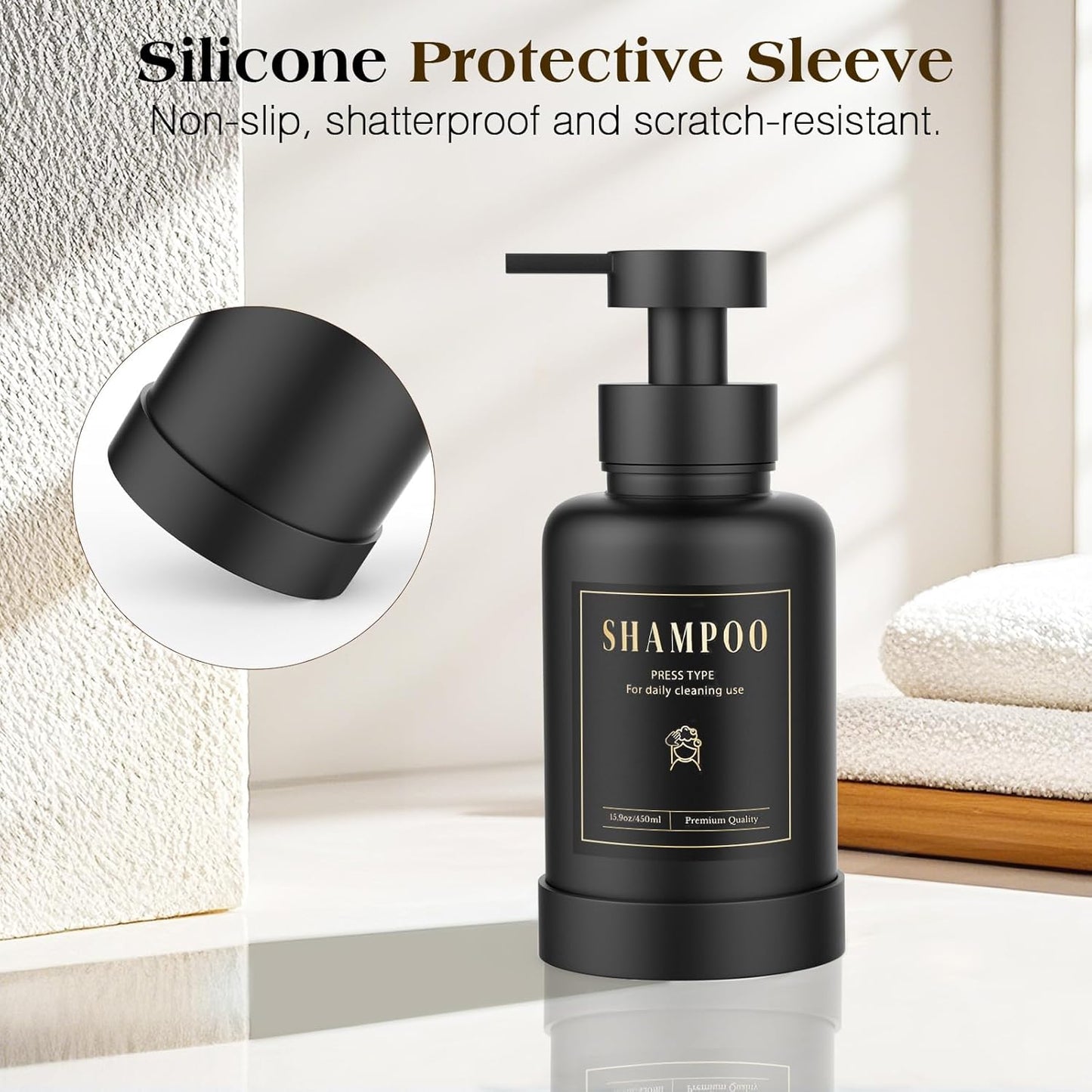 Luxspire Foaming Soap Dispenser, Glass Foam Pump Soap Dispenser, Non-Slip Hand Soap Container with 5 Waterproof Labels, 15 Oz Refillable Liquid Soap Holder for Bathroom & Kitchen, Black, 2 Pack