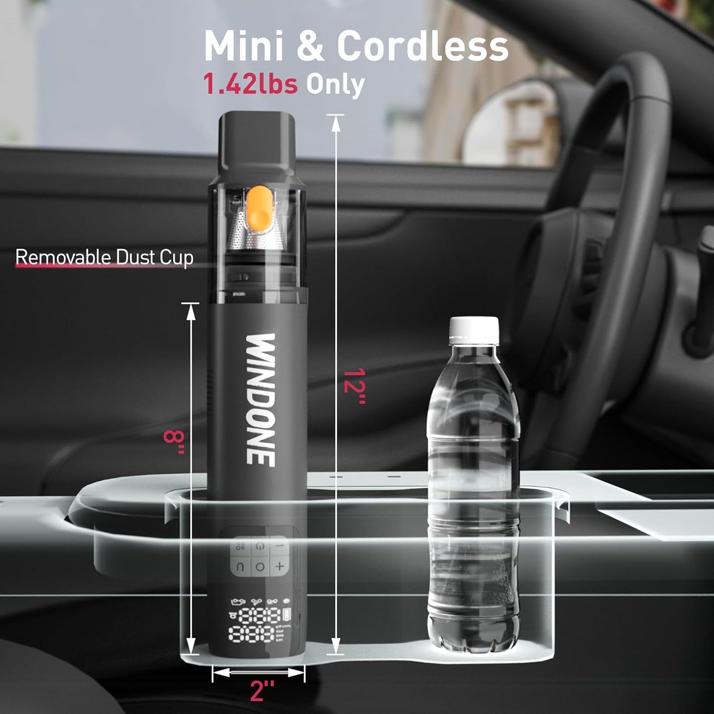 Windone Car Vacuum, 12000Pa 2-in-1 Cleaner & Tire Inflator 150PSI, 60W Brushless Motor, Cordless Handheld Vacuum & Air Pump with Pressure Gauge, LED Light, Multi-Nozzles for Car, Home, Office