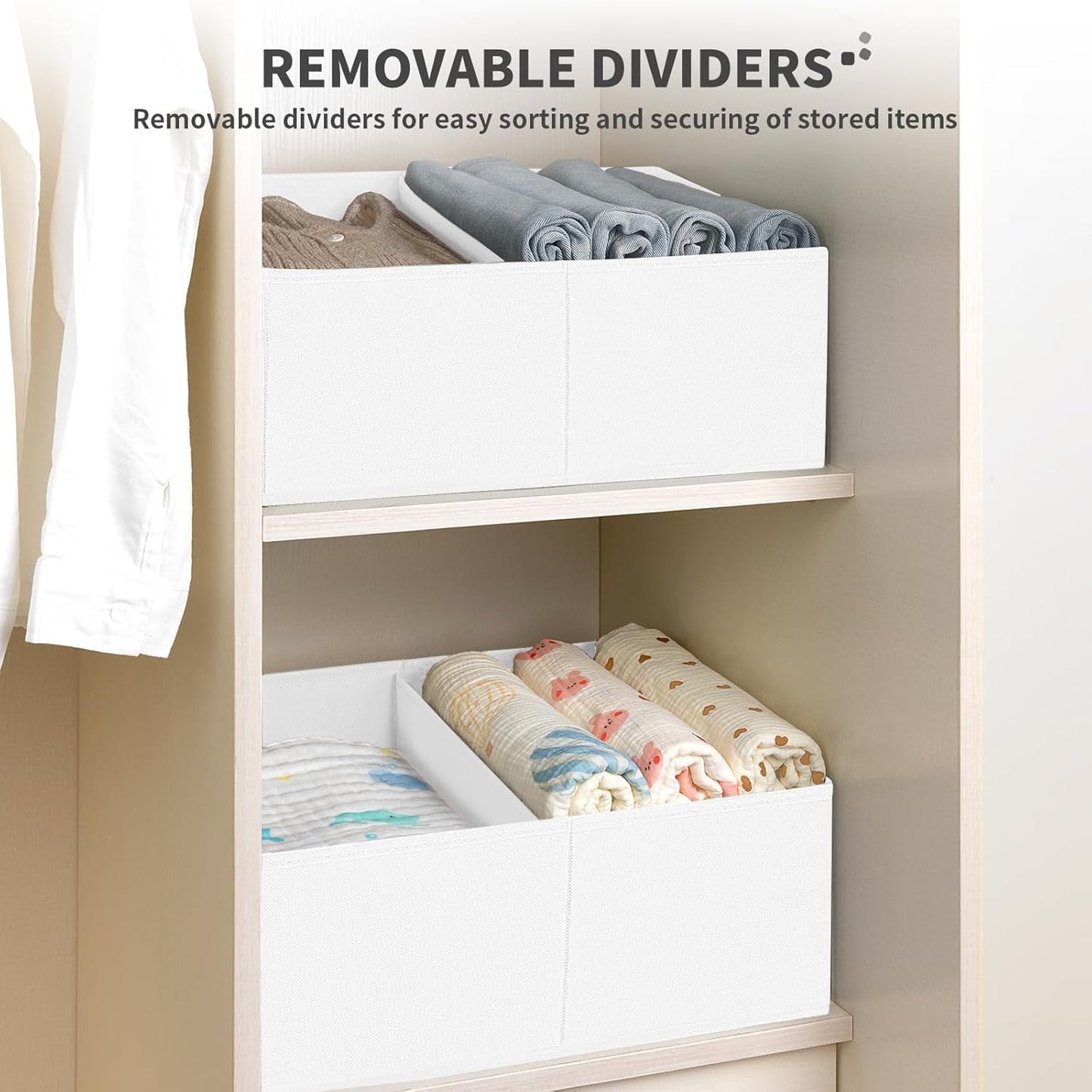 DIMJ Large Closet Shelf Organizer Bins 8 Packs with Handles and Divider, Fabric Trapezoid Storage Baskets, Foldable Clothes Containers Box for Shelf, Towel, Book, Toy, Purse, Hats, White