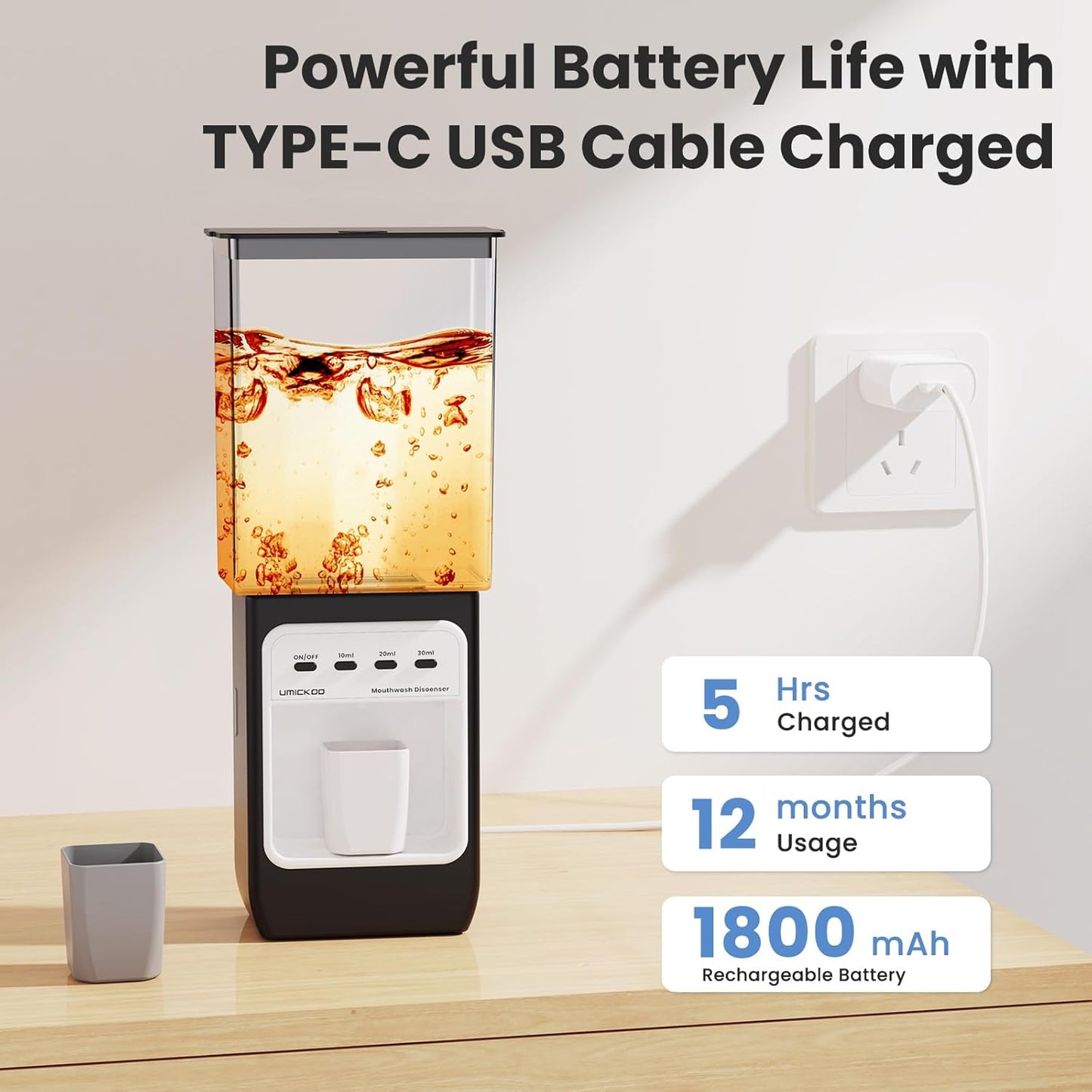 Auto-Mouthwash Dispenser for Bathroom - 700mL Rechargeable Wall-Mounted with 2 Magnetic Cups, 3 Smart Levels, No-Drill Installation for Kids & Adults (12-Month Battery)