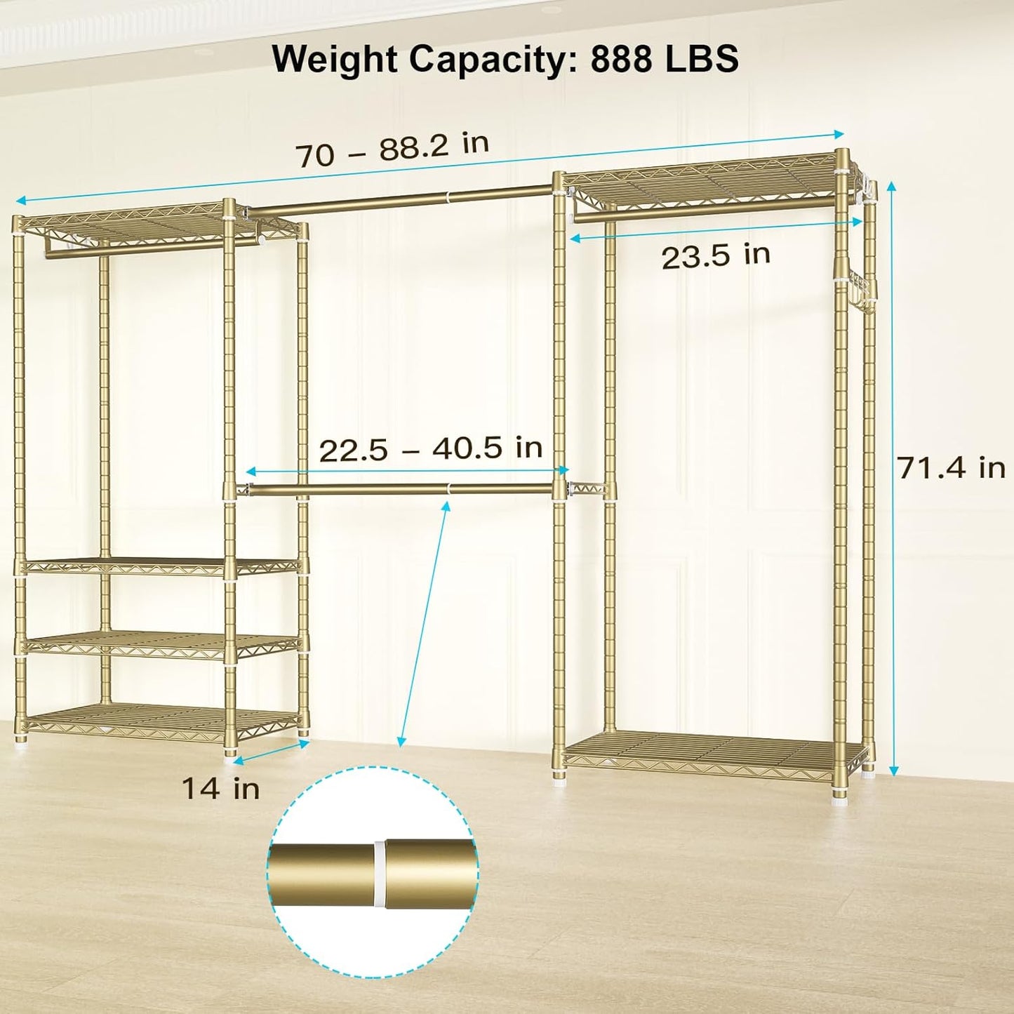Ulif E1 Heavy Duty Closet Garment Rack, 6 Tiers Adjustable Metal Freestanding Expandable Clothing Storage with 4 Hanger Rods, Easy to Assemble Wardrobe, 71.4" H x (70" - 88.2") L x 14" D, Gold
