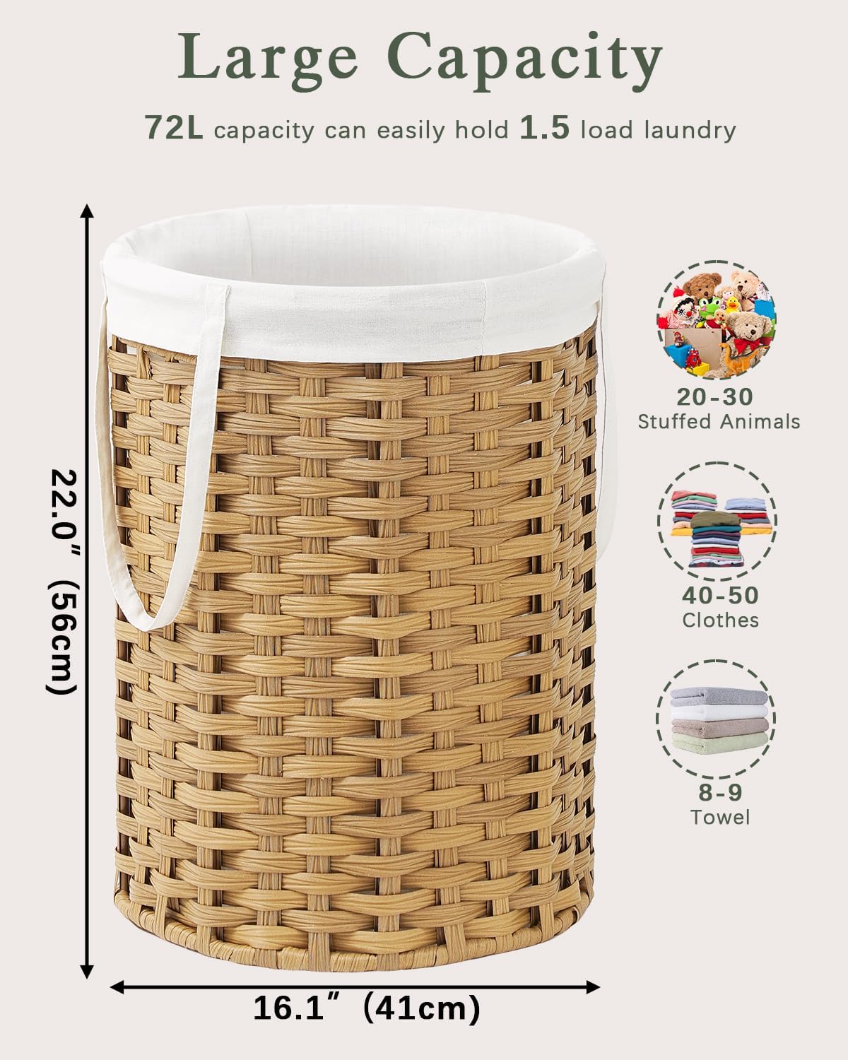 Laundry Hamper Laundry Basket Round 19.0 Gal (72 L) Handwoven Rattan Hamper, Large Wicker Hamper Basket with Removable Liner Bag Handles 2 Mesh Bags for Bathroom Living Room Natural