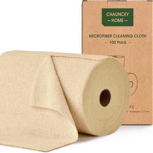 Roll of Microfiber Cleaning Cloth –100 Pack, Tear Away Microfiber Towels, Reusable, Washable, Scratch-Free, Kitchen Towels for Car, Home, Kitchen, Glass, Dishes(Wheat Beige)