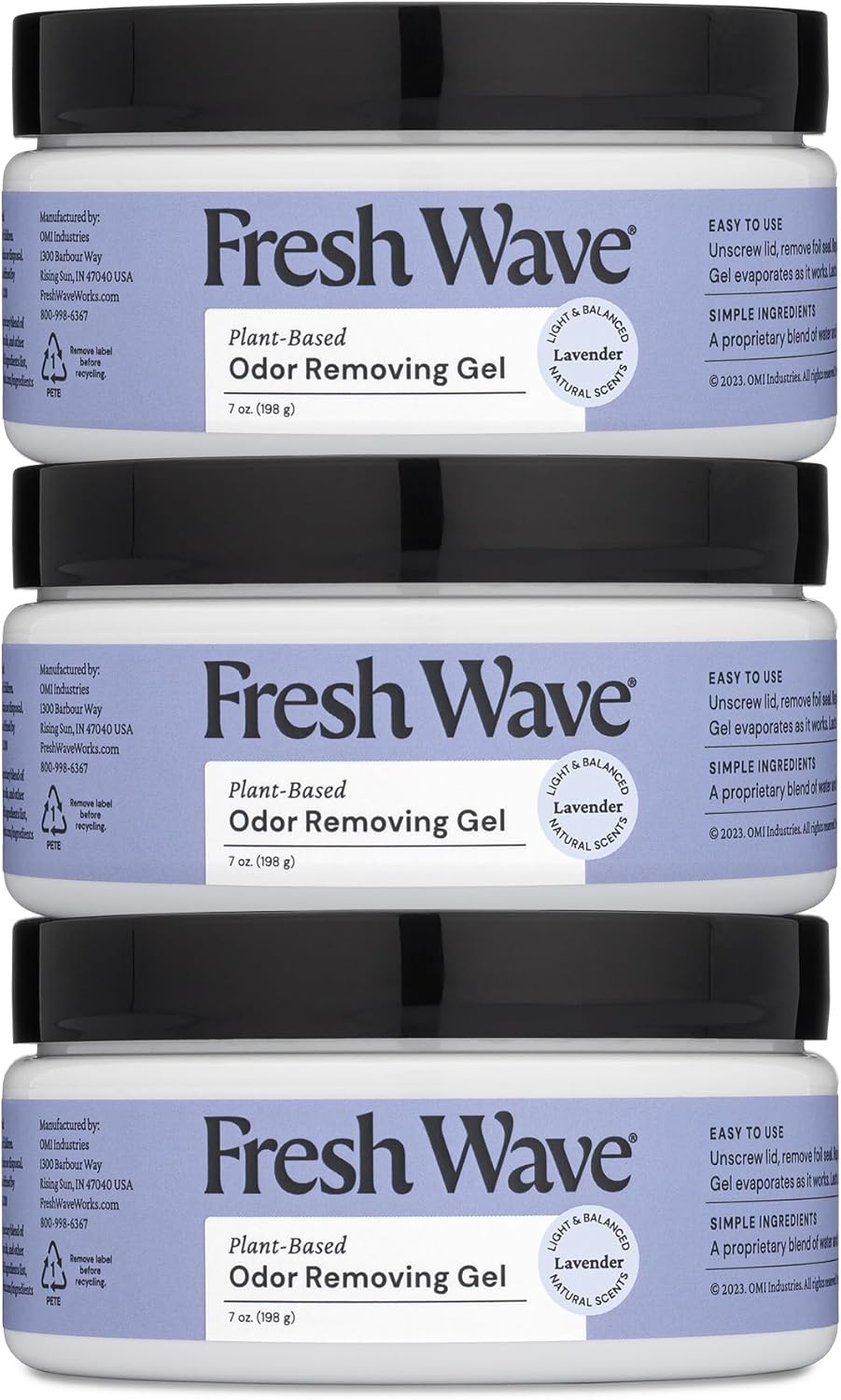 Fresh Wave Lavender Odor Removing Gel, 7 oz., Pack of 3 - Safer Odor Absorbers for Home, Natural Plant-Based Odor Eliminator, Every 7 oz. lasts 15-30 Days, For Cooking, Trash & Pets