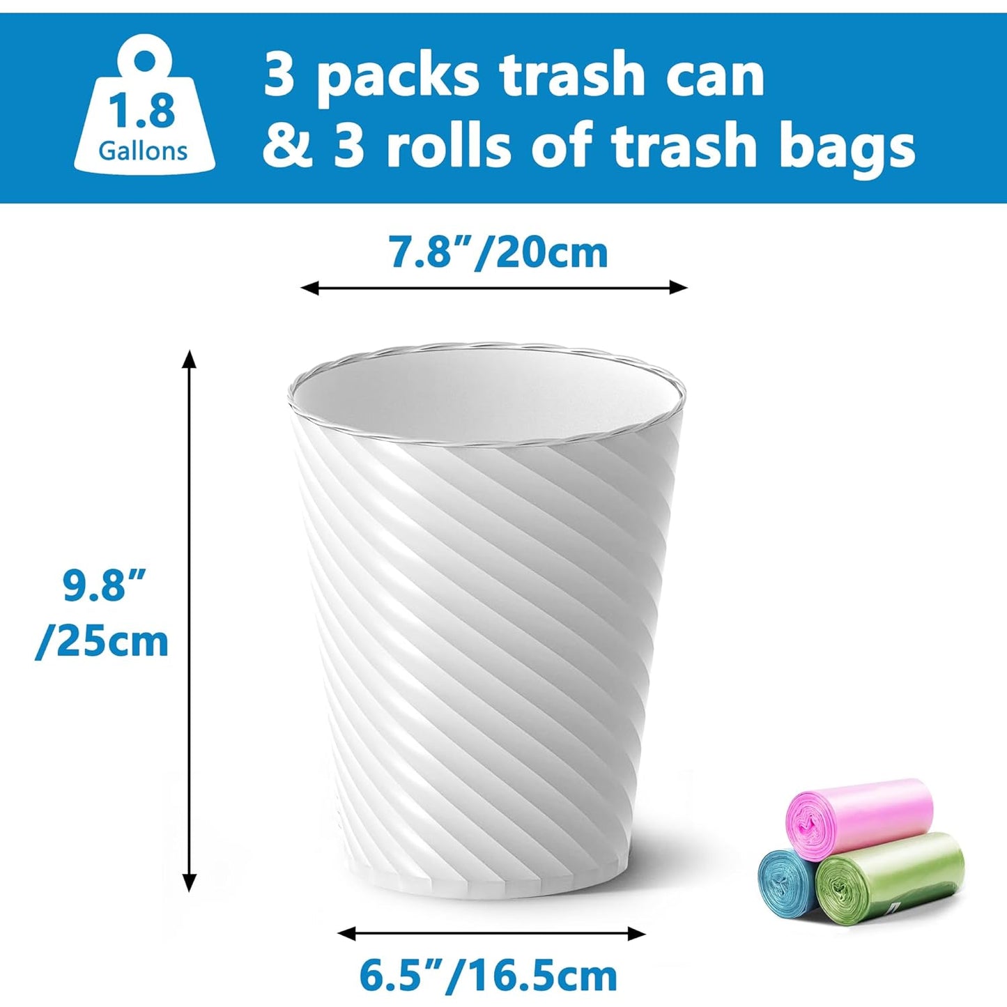 Bathroom Trash Can, 8 Pack 1.8 Gallons Small Trash Can with Trash Bags, Bathroom Garbage Can, Plastic Trash Bin, Round Waste Basket for Bedroom, Office, Kitchen, Room, Compact Space (White)