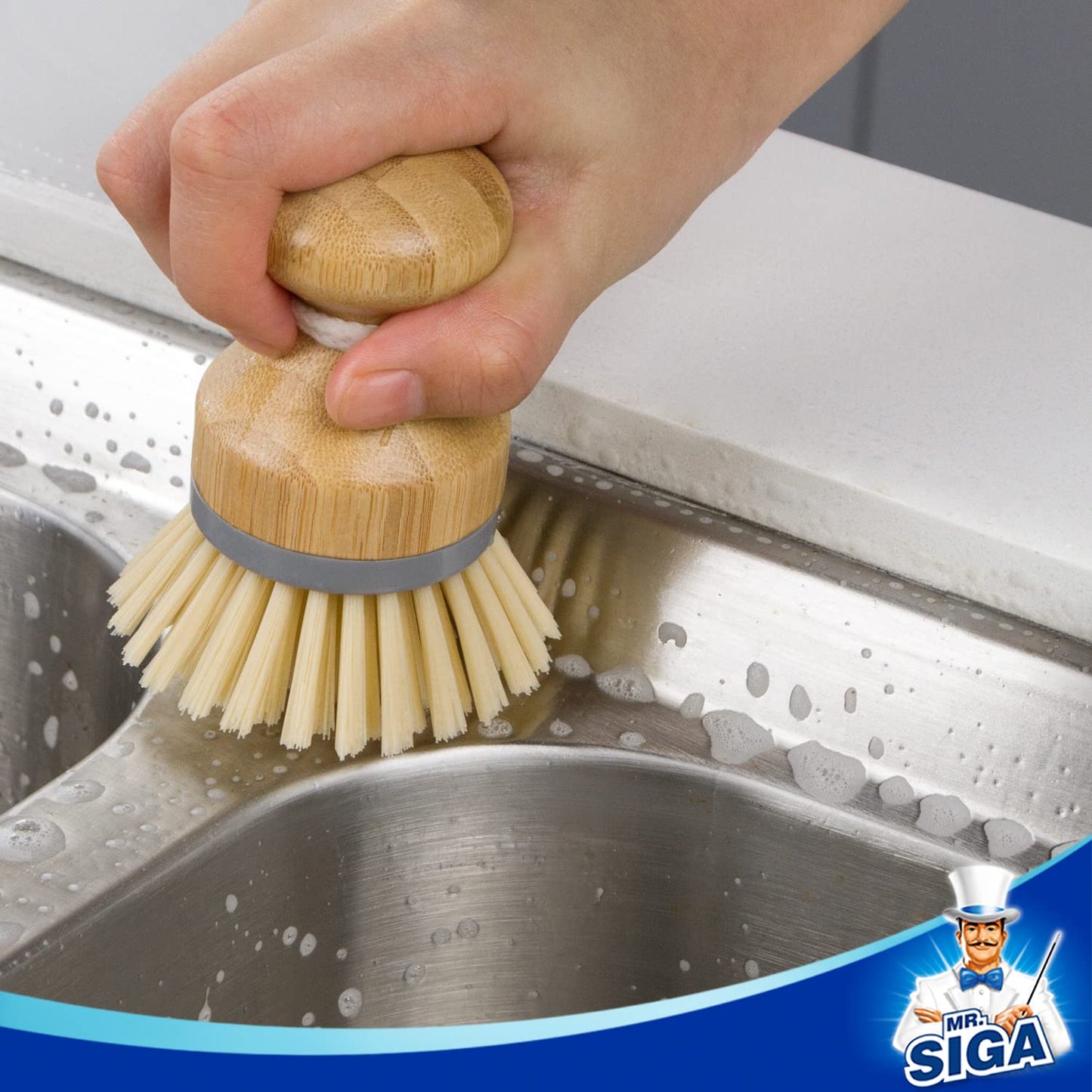 MR.SIGA Bamboo Palm Brush, Dish Scrub Brush, Bamboo Dish Brush, Pack of 2