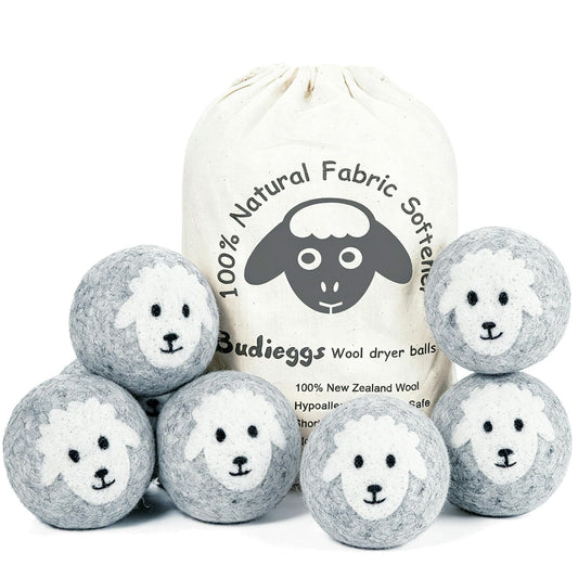 Budieggs Wool Dryer Balls XL 6-Pack, 100% New Zealand Wool Handmade