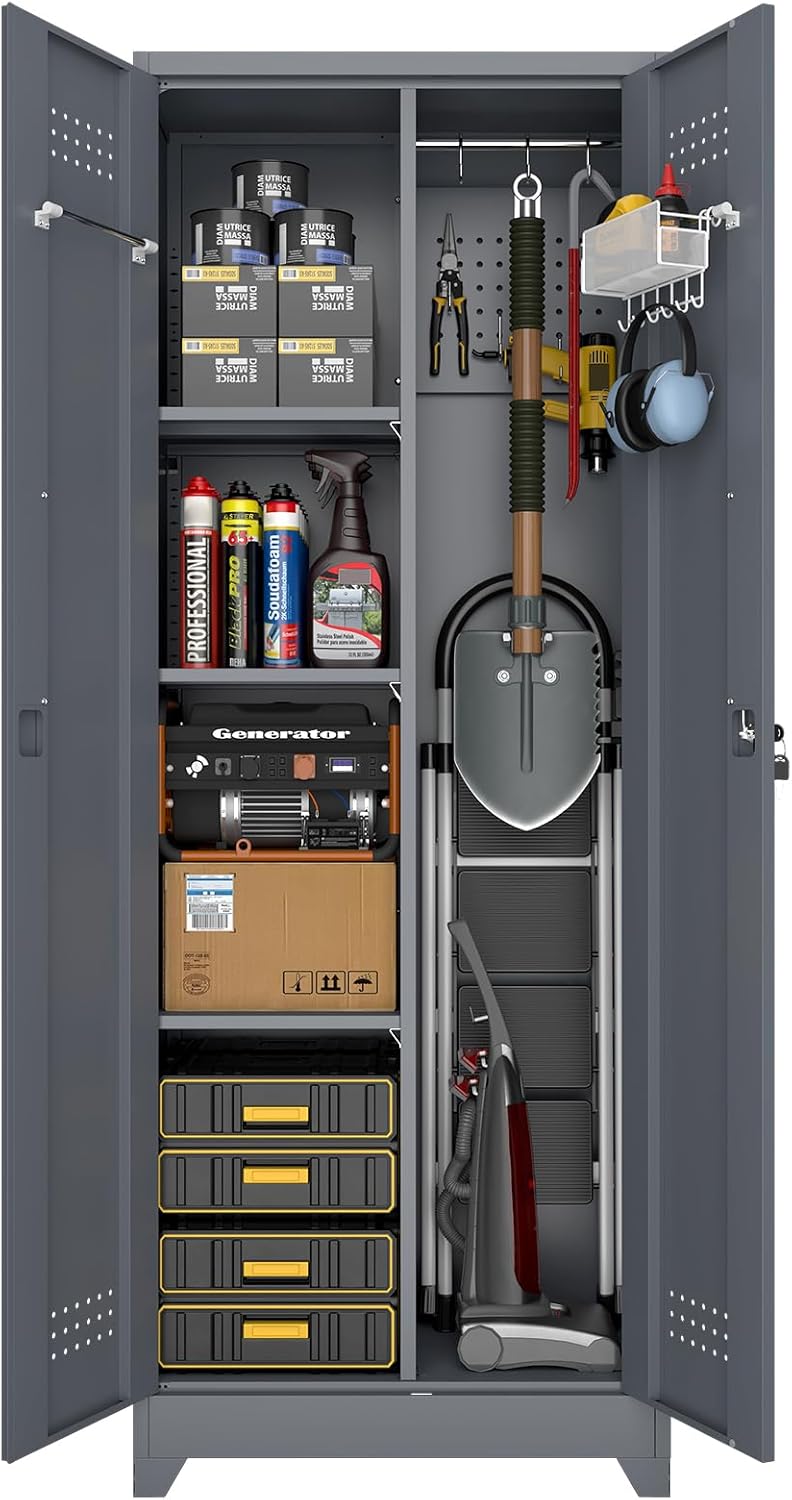 Broom Closet Storage Cabinet, Steel Locking Cabinet with Hanging Rod, 65" Cleaning Storage with Doors and Hooks, Tall Broom Tool Cabinets for Office, Garage