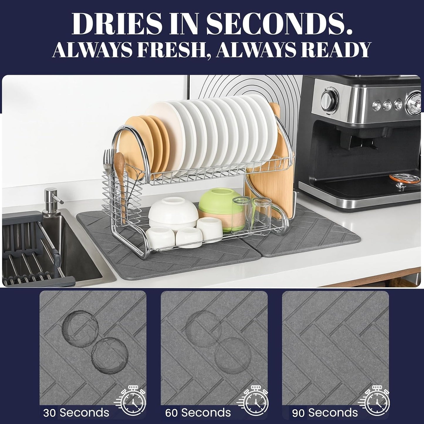 Large Folding Stone Dish Drying Mat for Kitchen Counter – Super Absorbent Diatomite Pad for Dishes, Cups & Bottles – Quick Dry, Space-Saving, Multi-Use Kitchen, Bath & Pet Mat – 23”×15.3”