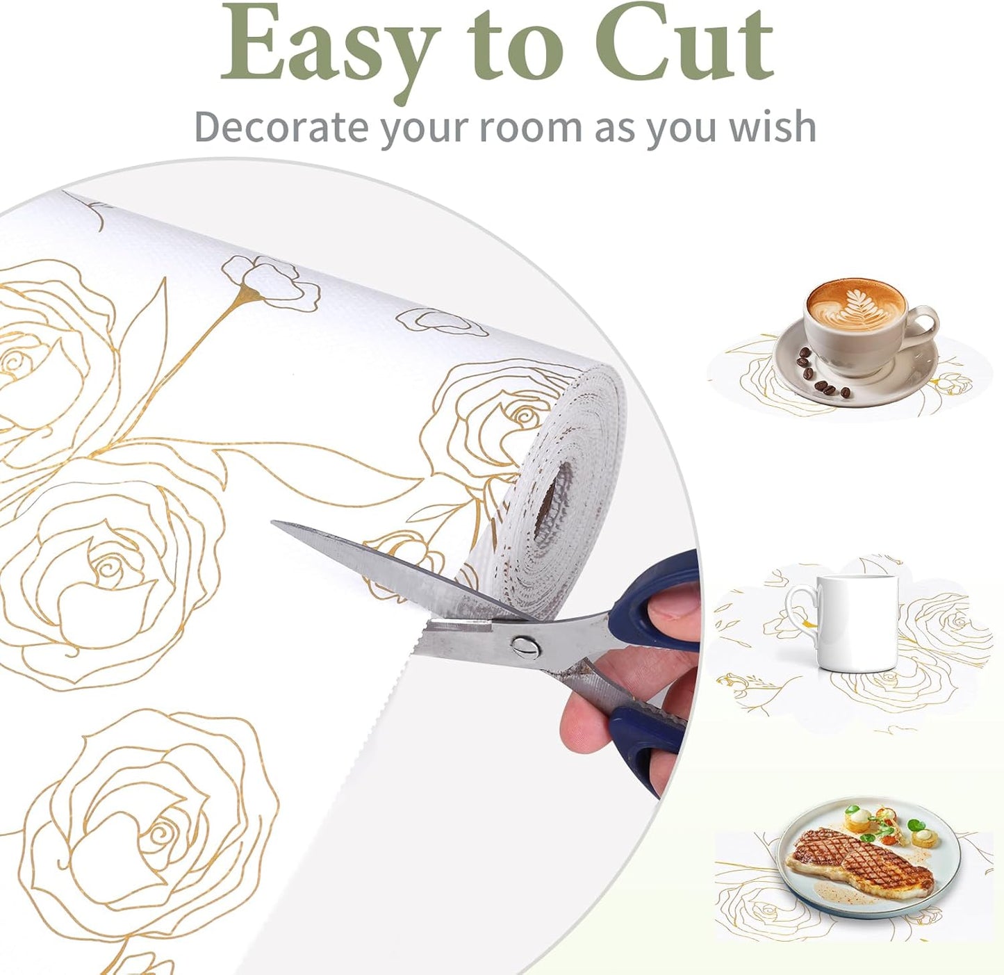 Shelf Liners for Kitchen Cabinets 17.5in x 30FT Non Adhesive Drawer Liner Gold Floral Thickened Shelf Liner Paper Strong Non-Slip Easy to Clean for Tool Box Refrigerator with Knife and Tape Measure