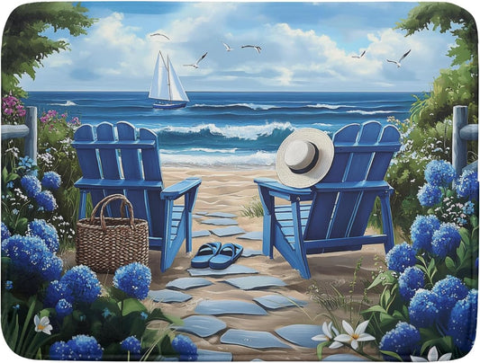 Summer Beach Chairs Dish Drying Mat Sea Wave Blue Floral Drying Mat fo Kitchen Counter 16”x18” Absorbent Reversible Kitchen Mat Non-Slip Ocean Themed Dish Drainer Rack Mat for Countertop Coffee Bar