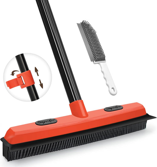 JEHONN Rubber Broom Carpet Rake Brush for Pet Hair with Squeegee, 52.8 inches Long Handle Silicone Fur Scraper Removal Tool with Detailing Lint Comb for Rug, Tile, Hardwood Floor Cleaning (Red)