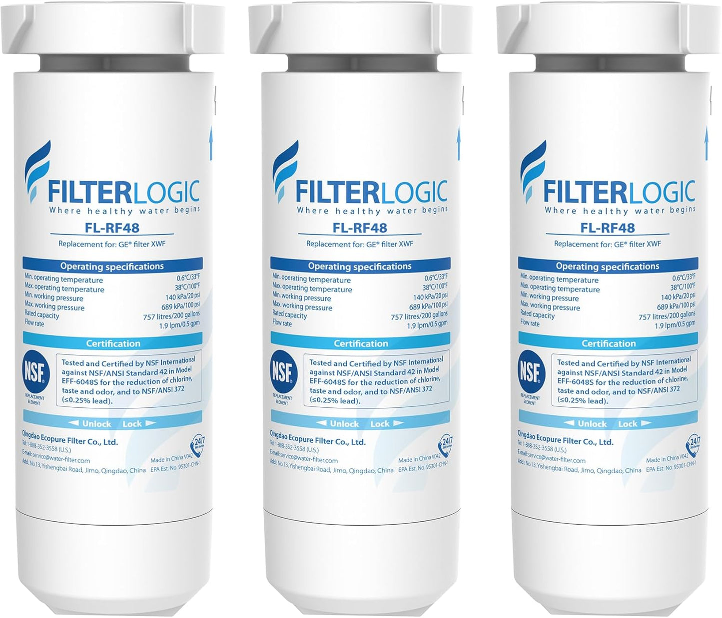 Filterlogic FL-RF48 Replacement for GE® XWF, NSF Certified Refrigerator Water Filter, 3 Filters（Not XWFE®)