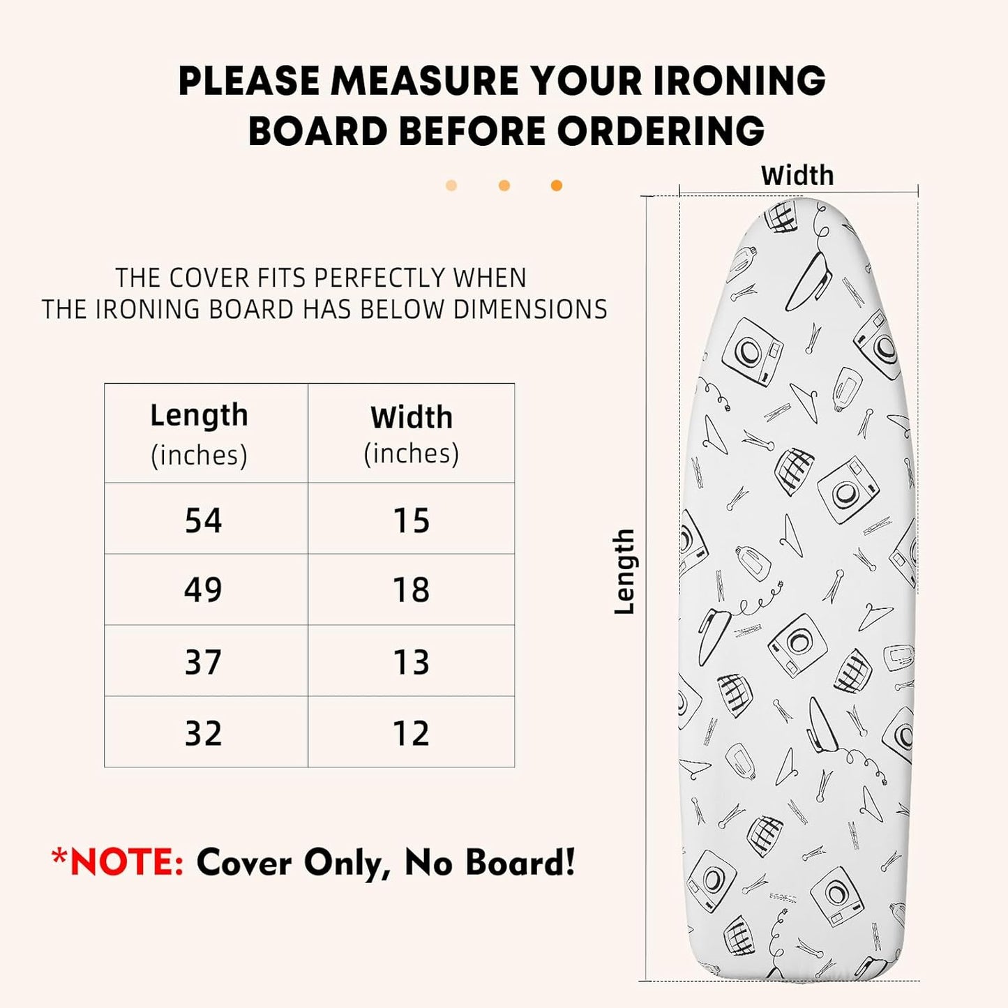 Ironing Board Cover and Pad Standard Size 15 x 54 inch, Heat Reflective with Hook and Loop Fasteners, Thick Padding with Elasticized Edges, 3 Layers Iron Board Cover (White)