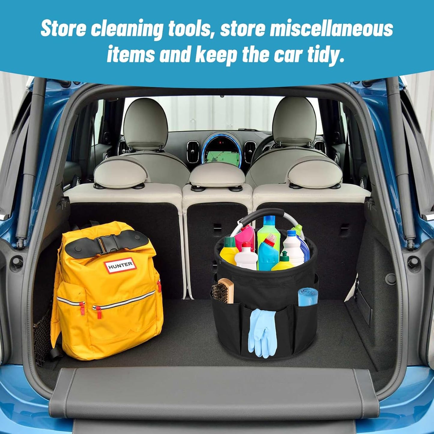 Qivine 17L Cleaning Caddy with Handle, Cleaning Supply Caddy Foldable Tool Bag Cleaning Products Organizers Portable Cleaning Bucket Organiser for Storing Towels (Black)