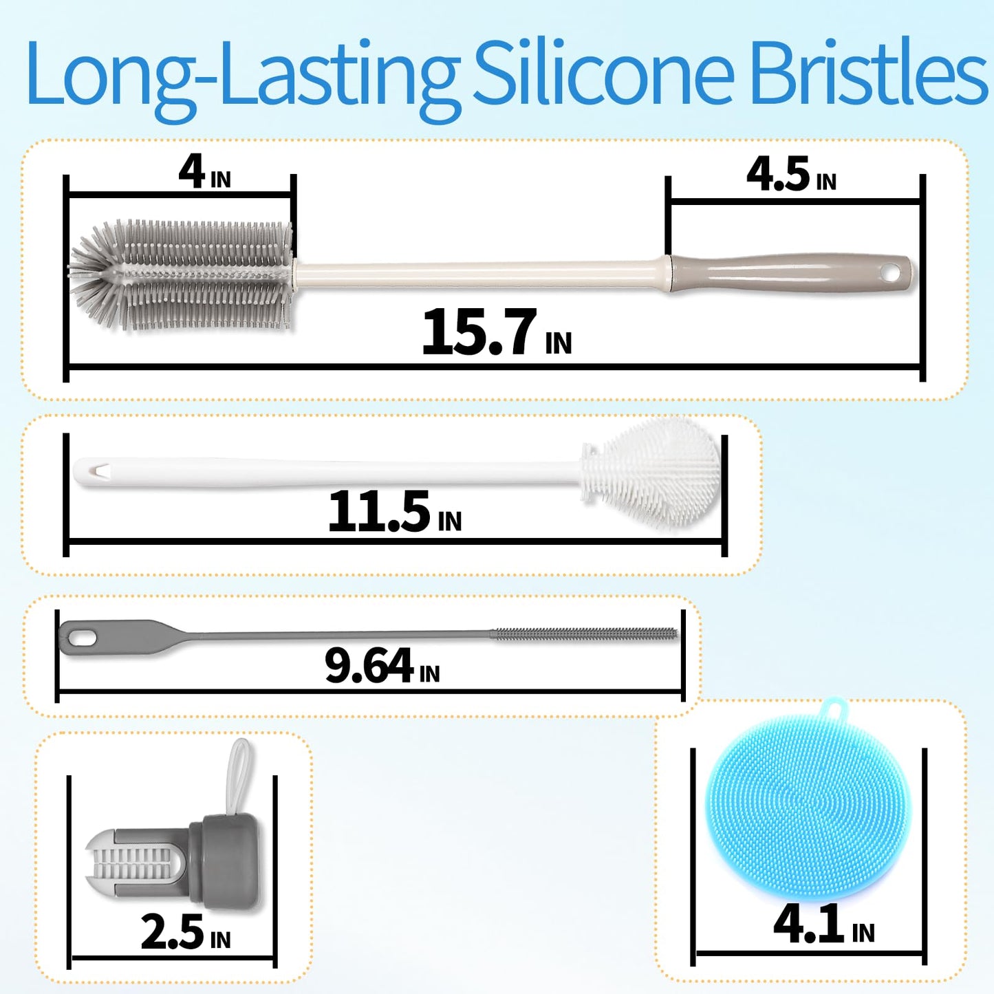 15.7" Silicone Bottle Brush Set - 6 Pack Water Bottle and Straw Cleaner Brush Long Handle for Hydro
