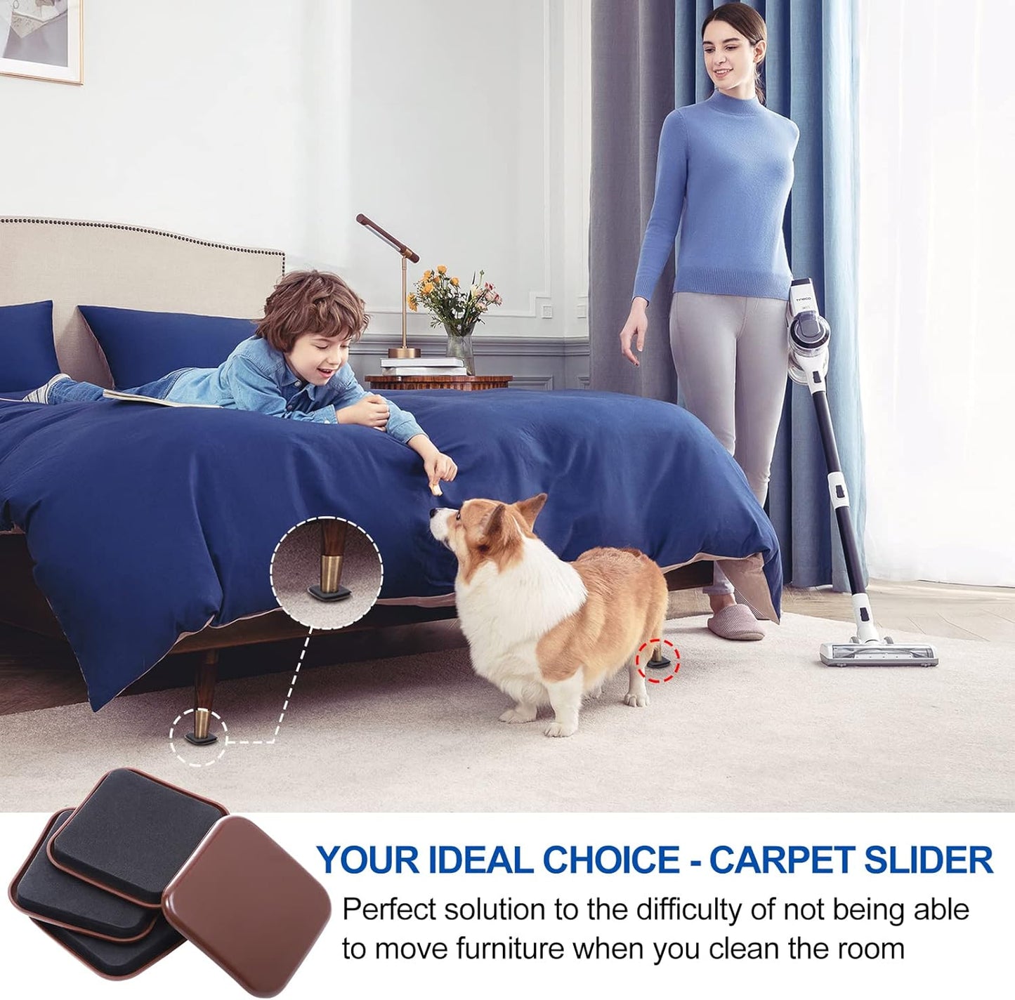 Square Furniture Sliders for Carpet, 24pcs 3 inch Heavy Duty Furniture Moving Pads, Reusable Furniture Movers Sliders - Protect The Carpet Surface, Move Heavy Furniture Easy and Quickly!