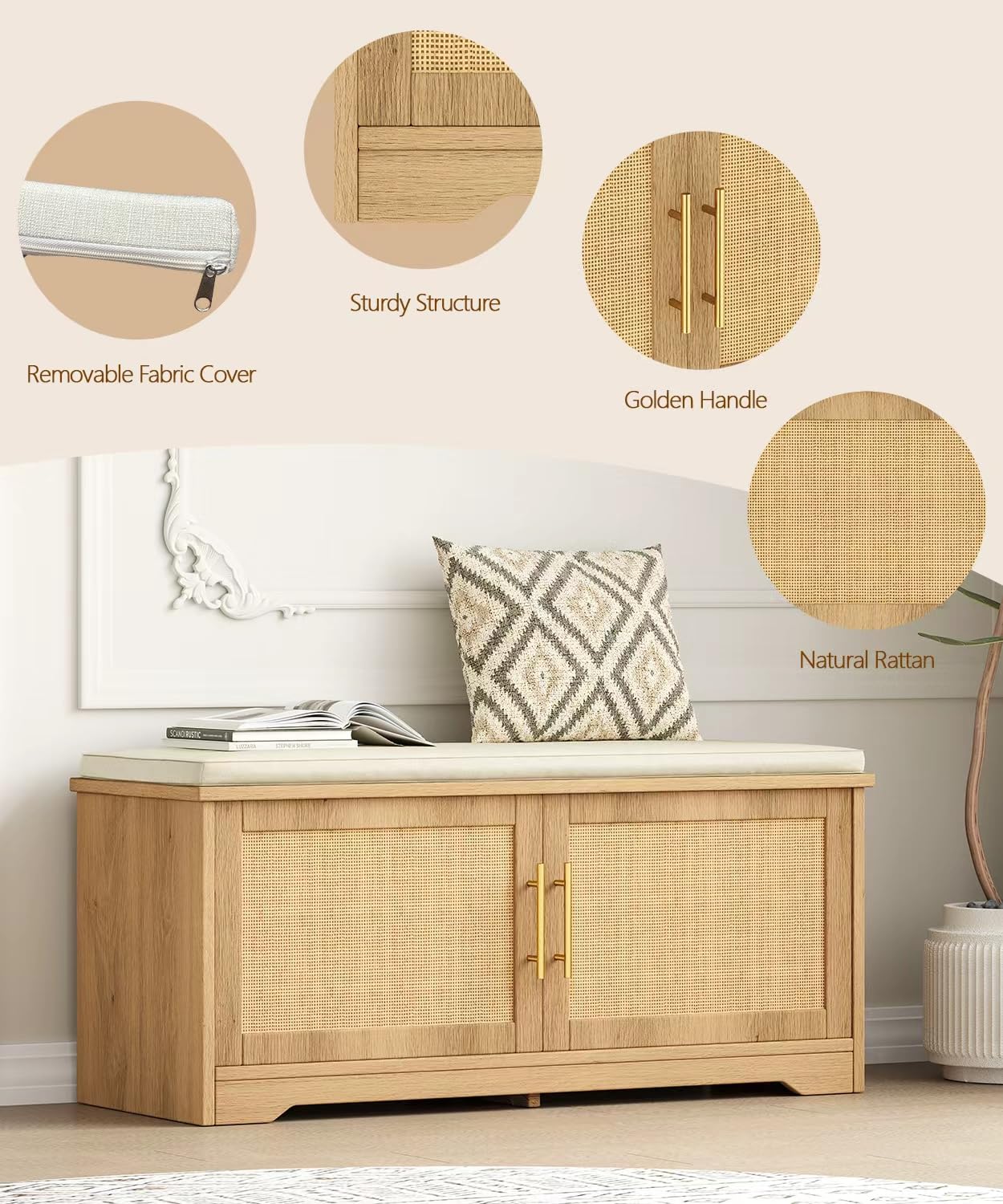 Zeibospri Rattan Shoe Storage Bench, 39.4" Wide Entryway Bench, Natural Oak