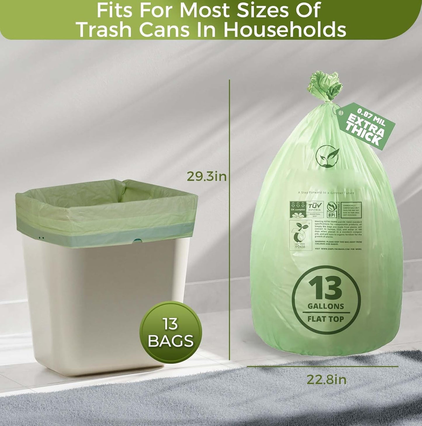 13 Gallon Compostable Trash Bags with Flat-Top, Thick 0.87 Mil, 49.21 Liter, 50 Bags, Tall Kitchen Food Scrap Waste Bag, ASTM D6400, US BPI and OK Compost Home Certified