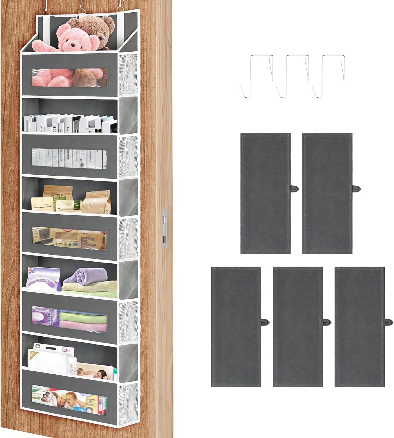 5-Tier Over The Door Storage Organizer with 10 Side Mesh Pockets, 48 lbs Load Capacity, 3 Hooks Design, Door Hanging Organizer with Clear Windows for Bathroom, Bedroom, Nursery, Kitchen-Grey