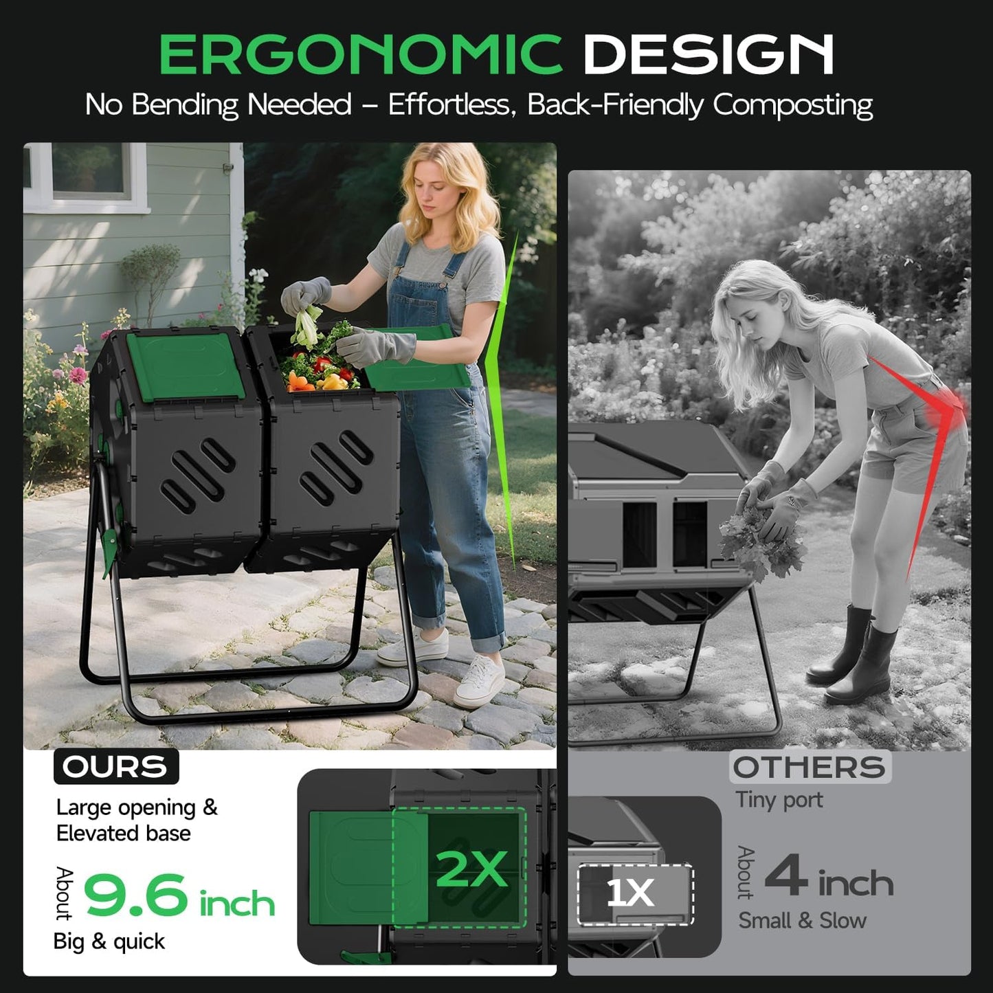 Compost Tumbler 45 Gallon/170L, Easy-Assemble Dual Chamber Compost Bin Outdoor, 360°Rotating Large Composter for Outside, Backyard, Garden, Gifts for Seasoned Gardeners & Beginners-Green