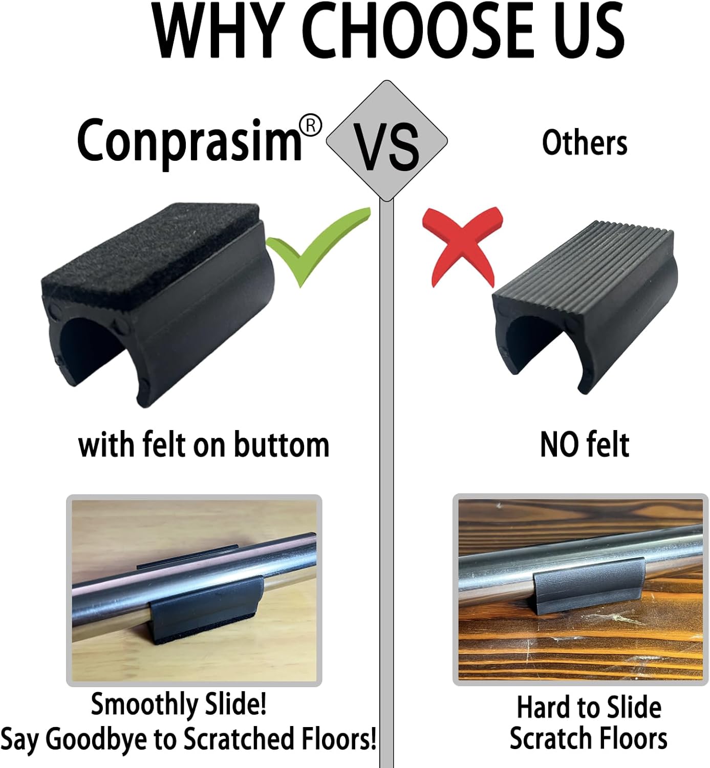 Rectangle U Shaped Chair Leg Tips Caps with Felt Pads,Furniture Feet Protectors Slide Smoothly Glides No Scratches No Noise Protect Hardwood Floors, Fit 19mm(3/4inch) Diameter Tubular Leg (Black 8PCS)