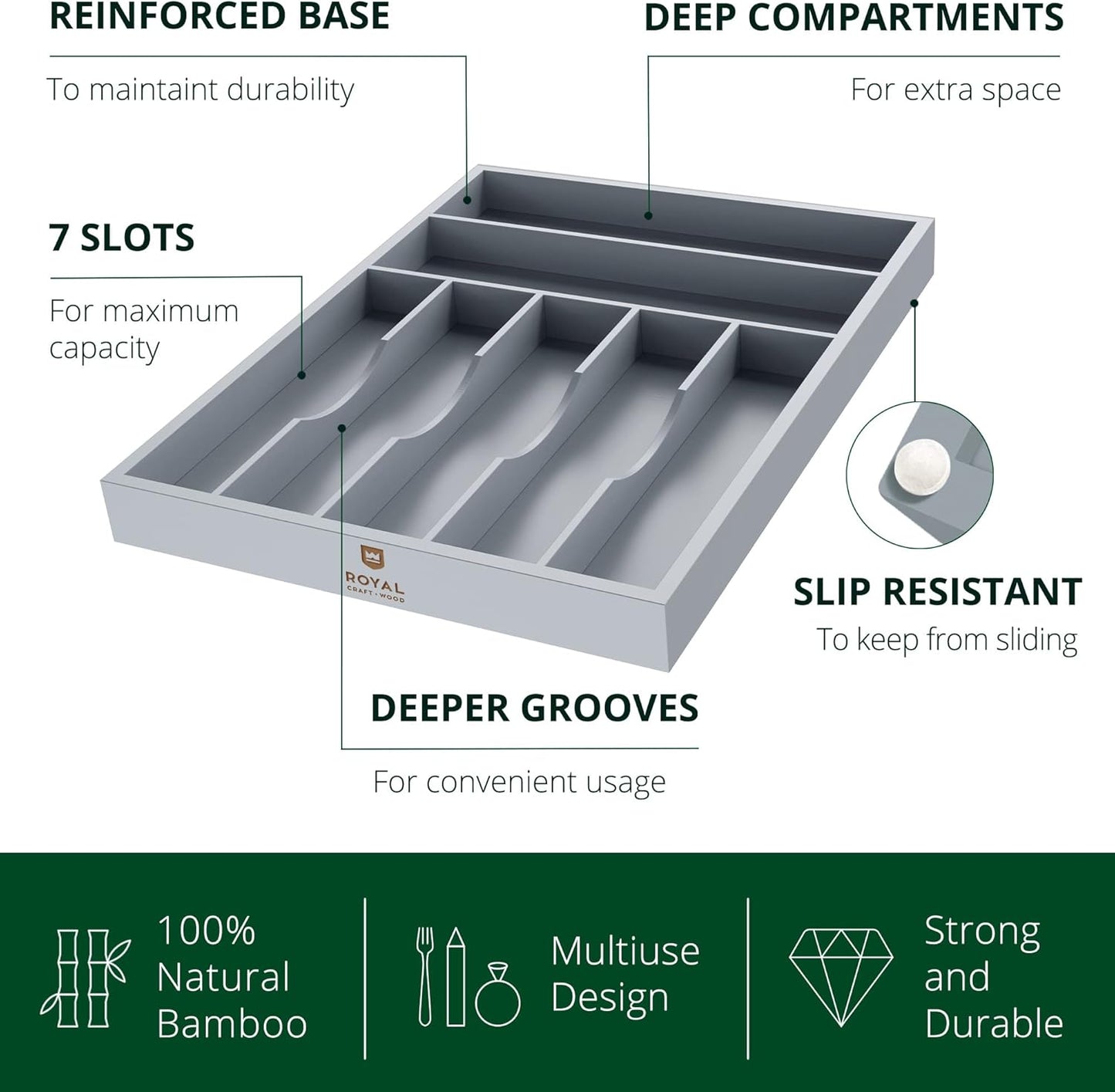 ROYAL CRAFT WOOD Luxury Bamboo Kitchen Drawer Organizer - Silverware Organizer - Utensil Holder and Cutlery Tray with Grooved Drawer Dividers for Flatware and Kitchen Utensils (7 Slot, Gray)
