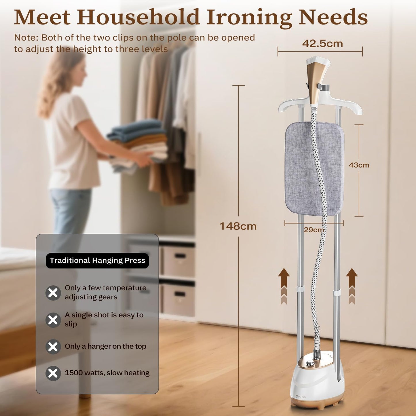 Steamer for Clothes,1800W Standing Garment Steamer with Adjustable Double Rod,Flat and Hanging Ironing,Clothes Steamers with 10 Ironing Modes,30s Fast Heat-up