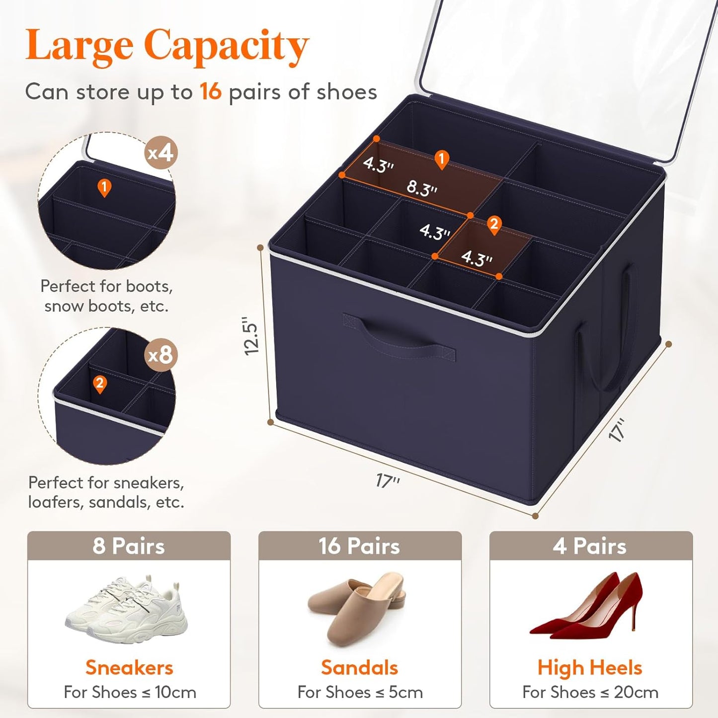 Lifewit Shoe Storage Organizer for Closet Fits 12-16 Pairs, Fabric Large Shoe Box Storage Containers with Clear Cover, Foldable Bins Fit for Boots Heels Sneakers 17"(L) x 17"(W) x 12.5"(H) 2 Pack Blue