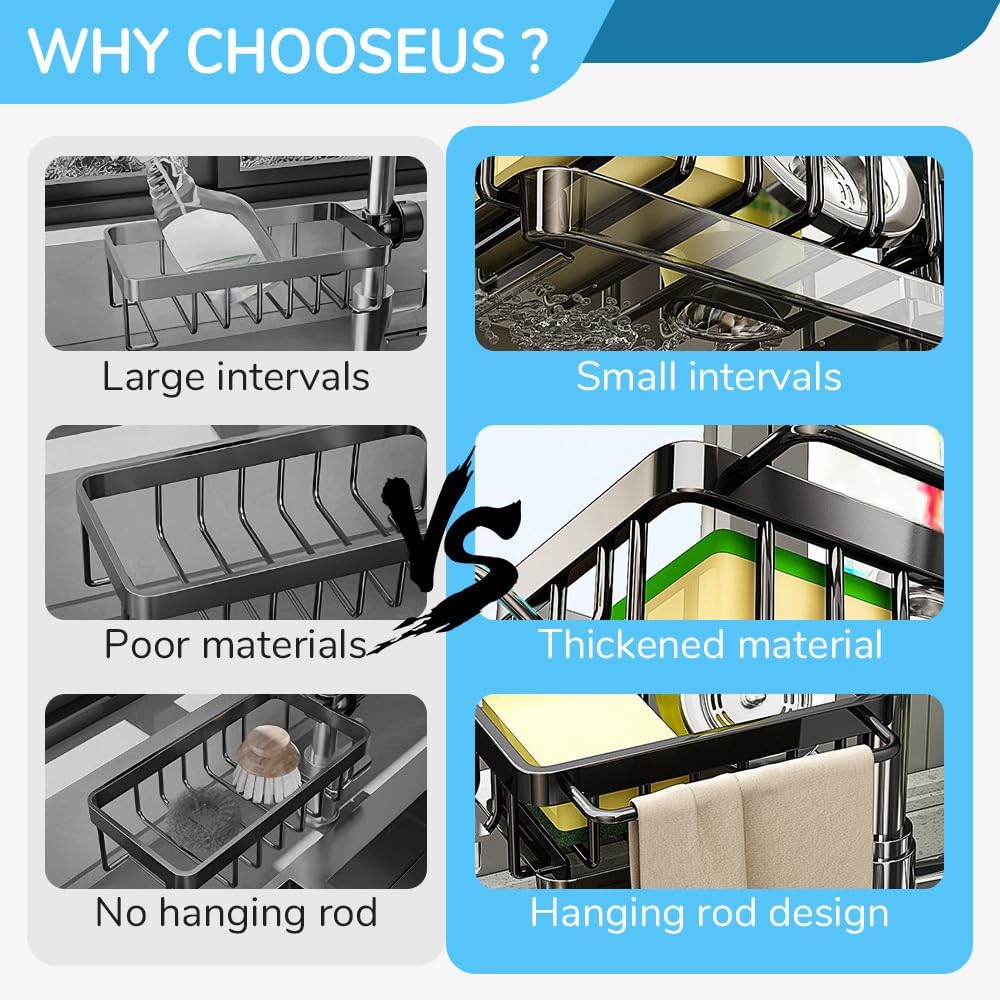 Sink Organizer Rack for Kitchen and Bathroom, 2024 New Kitchen Sink Faucet Organizer with Drip Tray Faucet Sponge Holder (Black, Right)