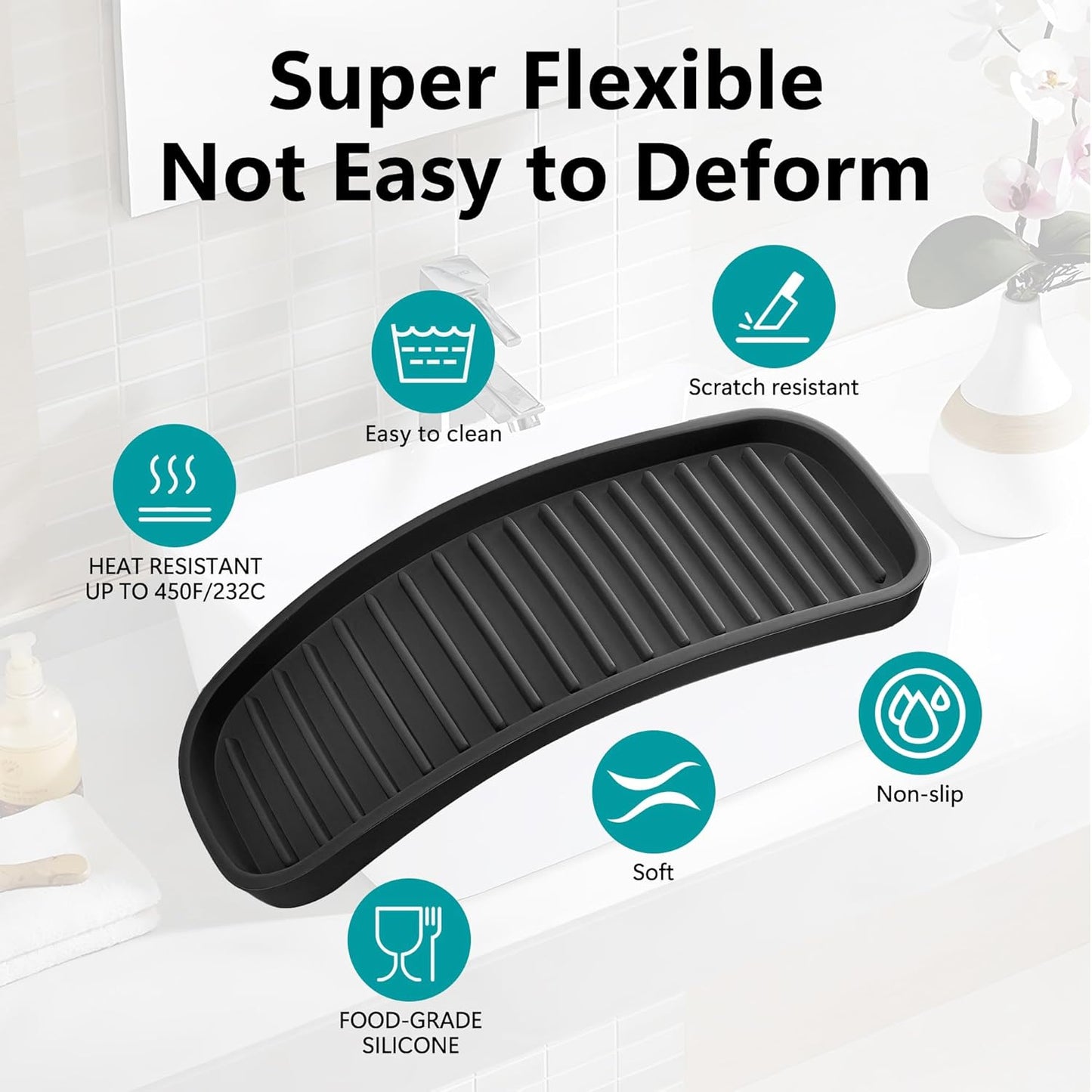 Silicone Sponge Holder Kitchen Sink Organizer Tray Dish Caddy Soap Dispenser, Scrubber Spoon Holder,Dishwashing Accessories 2 Pack (Black)