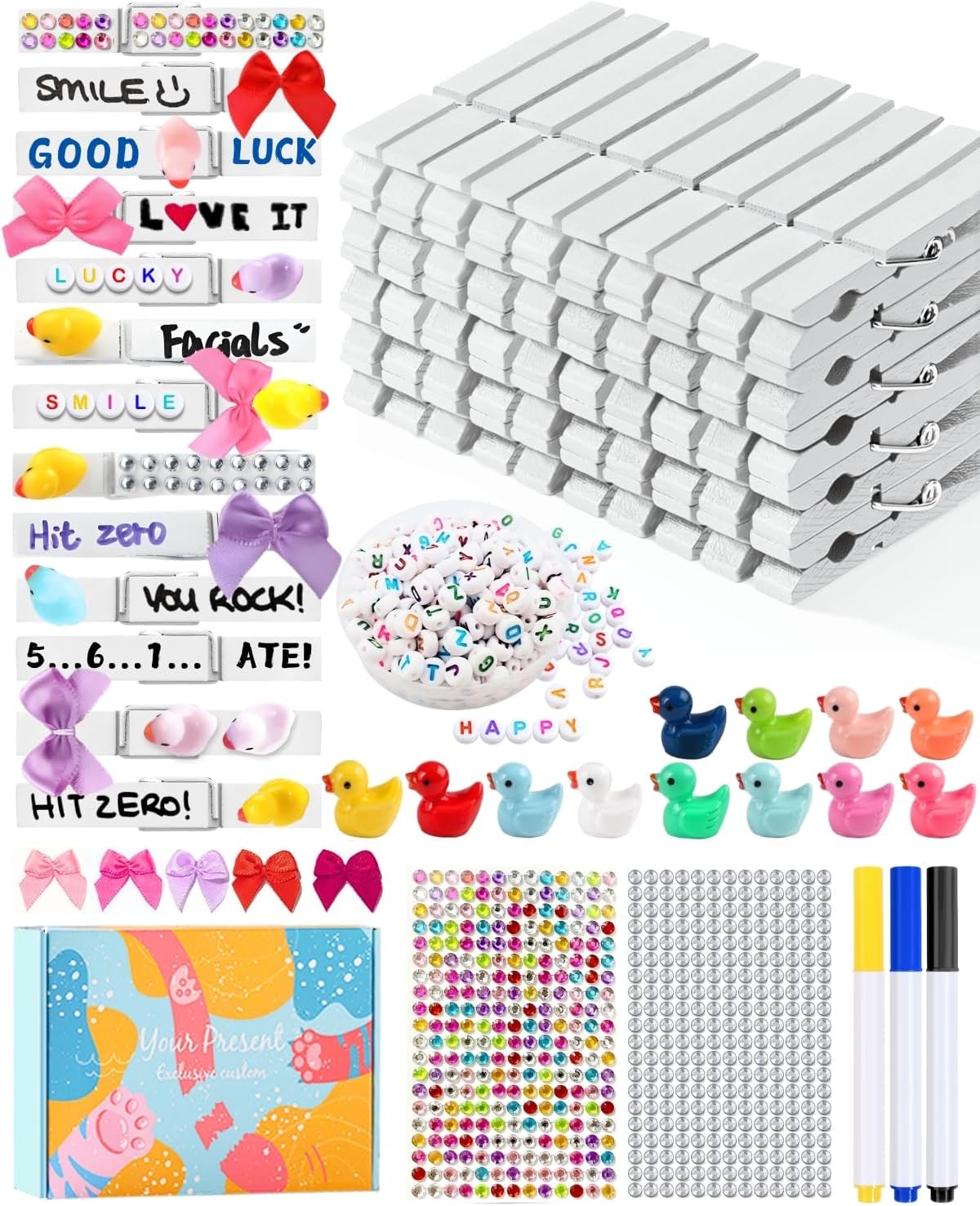 Cheer Pins for Backpack Cheer Stuff Kit 70 White Colored Clothes Pins with Mini Resin Ducks Bows Letter Beads Team Cheerleaders Gifts Bulk Pin Me Ribbon for Bag Decorations Competition Spirit Clips