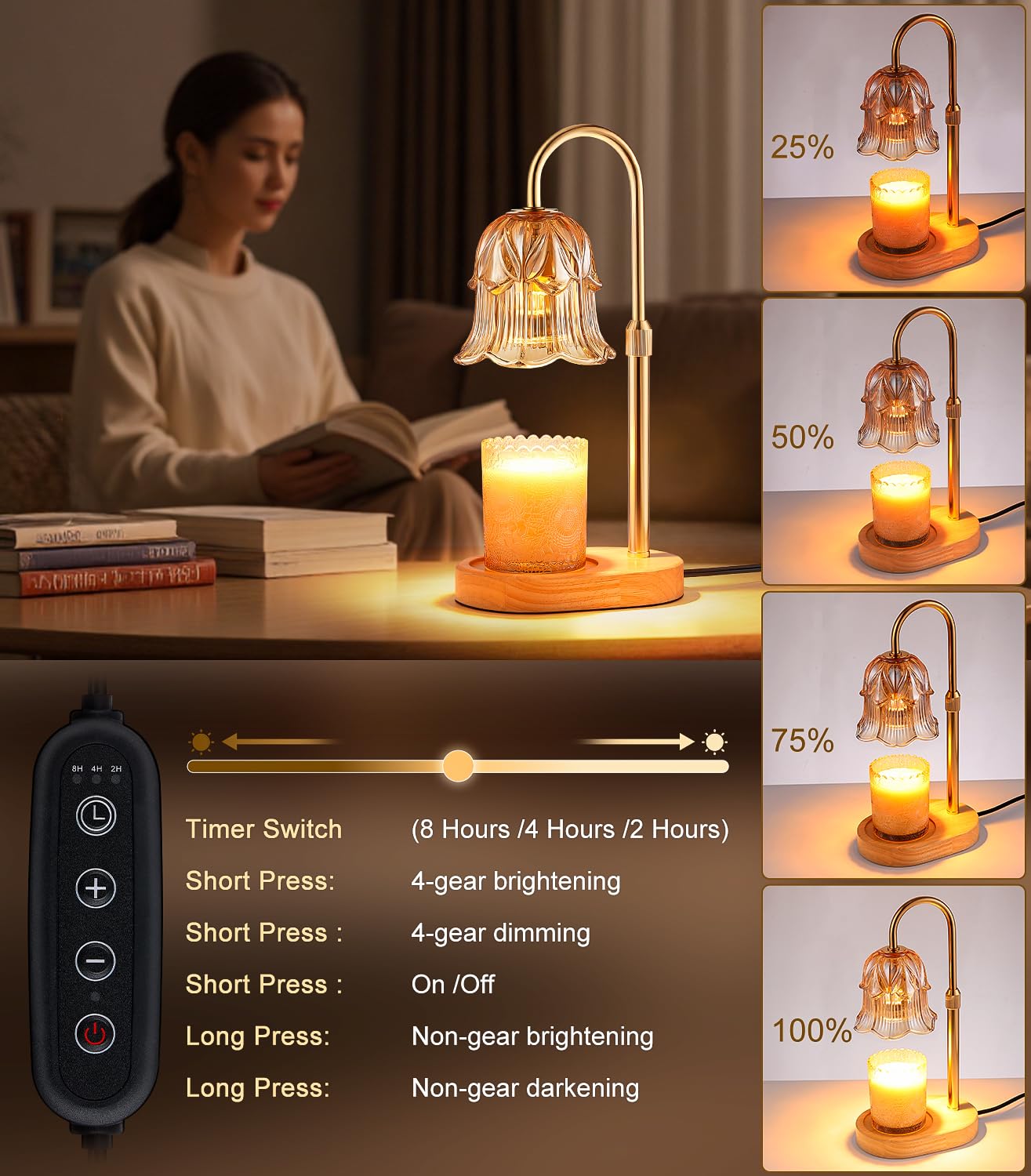 Candle Warmer Lamp Adjustable Timer - Electric Flower Glass Candles Light