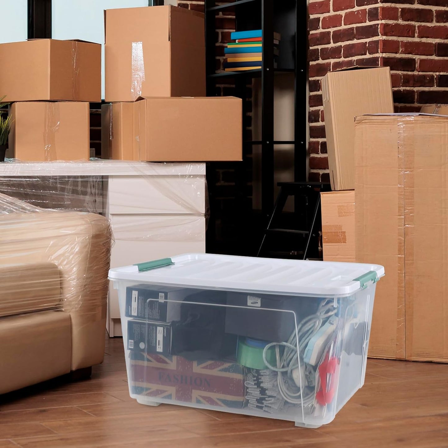 80 L Large Clear View Plastic Storage Bin with Lid and Secure Latching Buckles, 4-Pack Wheeled Clear Storage Boxes