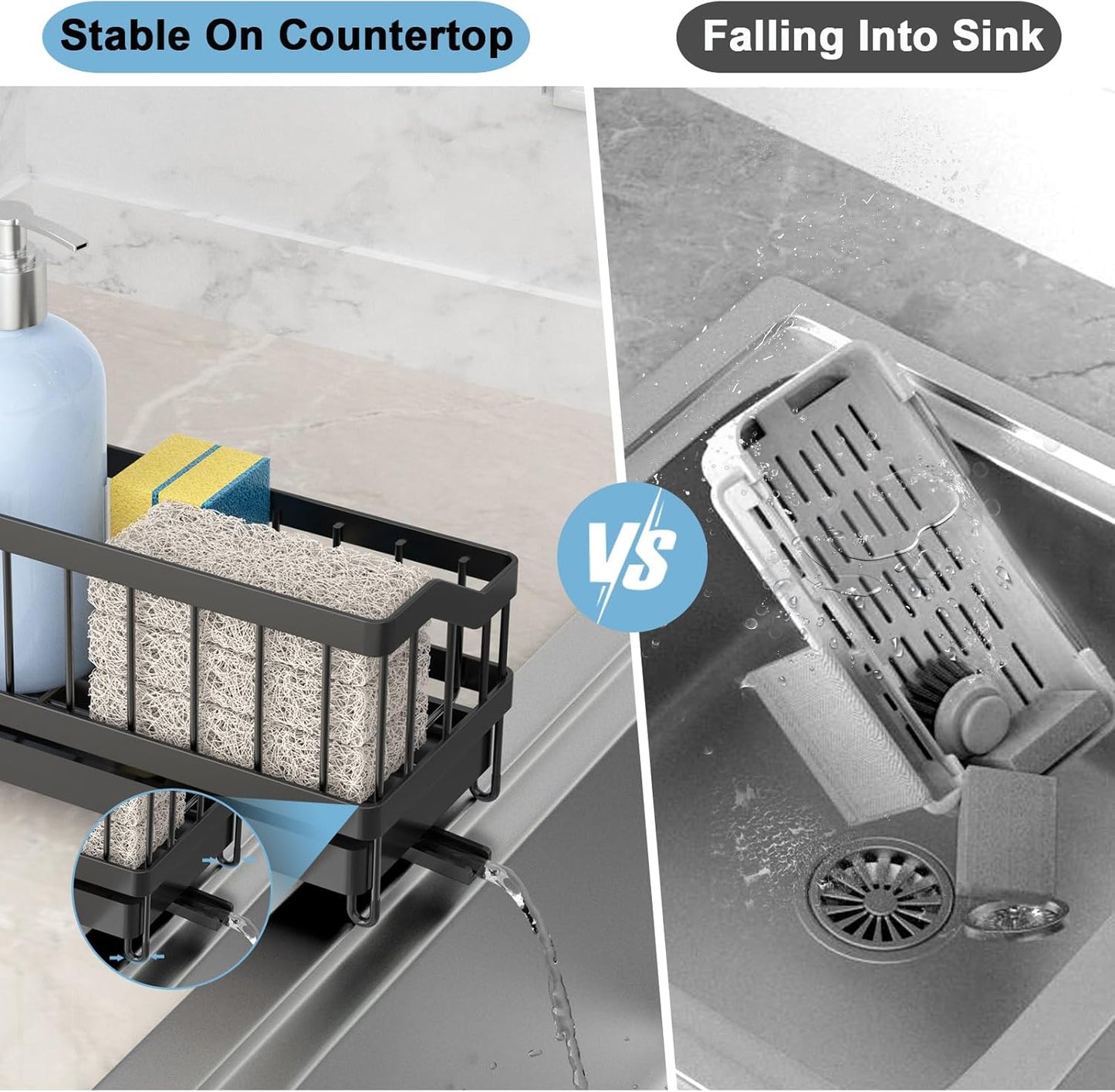 Sponge Holder for Kitchen Sink, Sink Caddy with High Brush Holder, Rustproof and Strong, anti slip, Self Draining spout is ideal, Keep Countertop Cleaning, Black