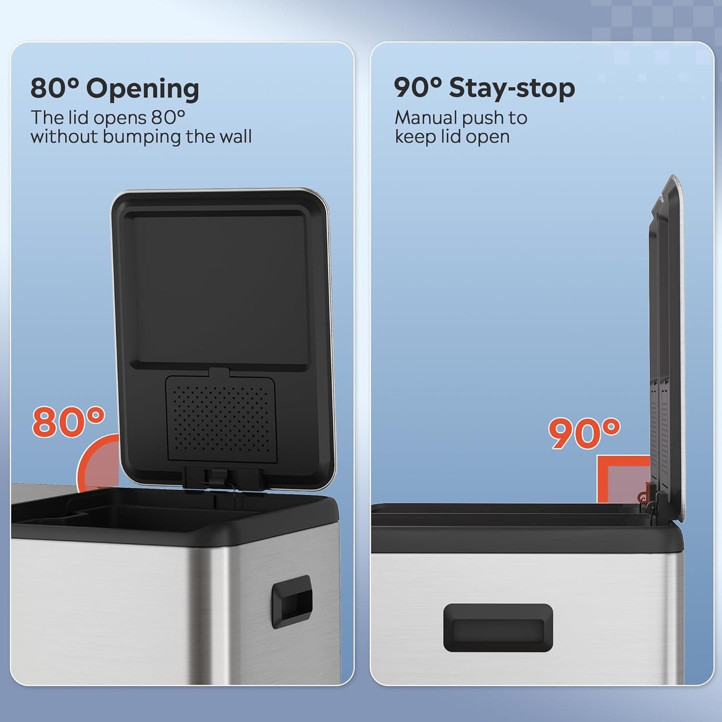 WLIVE 2 x 8 Gallon / 2 x 30 Liter Dual Trash Can, Stainless Steel Double Compartment Classified Kitchen Trash Can, with Plastic Inner Buckets, Handles, Soft-Close Lid, Deodorizing Filter Box, Silver.