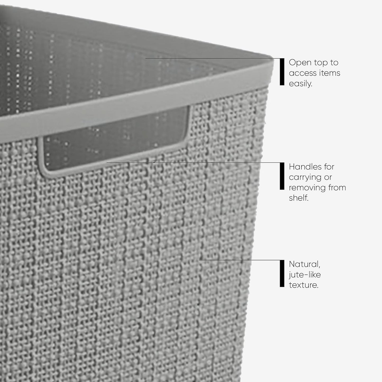 Curver Set of 4 Jute Large Cube Decorative Plastic Organization and Storage Baskets, Perfect Bins for Home Office, Closet Shelves, Kitchen Pantry and All Bedroom Essentials, Grey