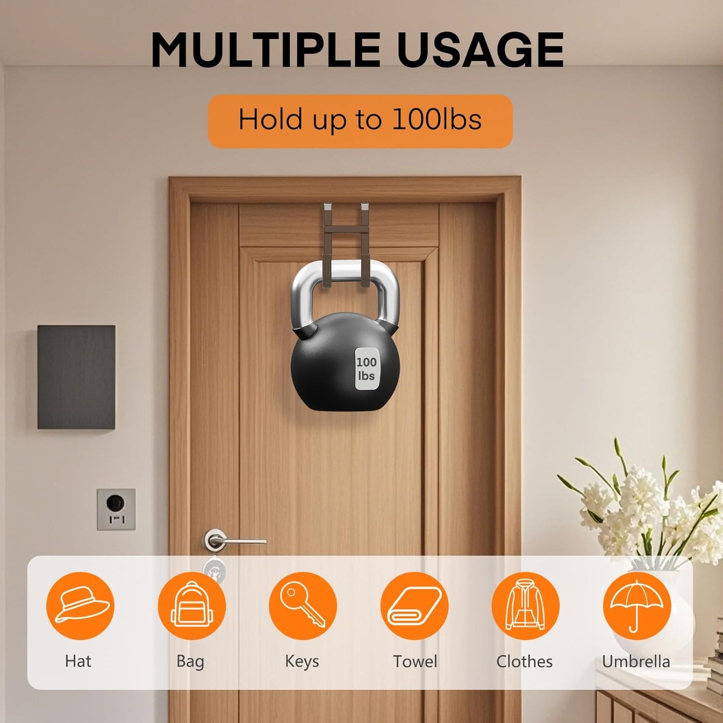 FYY Over The Door Hooks - 2 Pack Heavy Duty Dual-Hook Organizer Hanger with Non-Slip Rubber for Towels, Clothes, Hats & Bags Use in Bathroom, Bedroom, Kitchen - Fits Interior Doors Up to 1 3/8" Brown